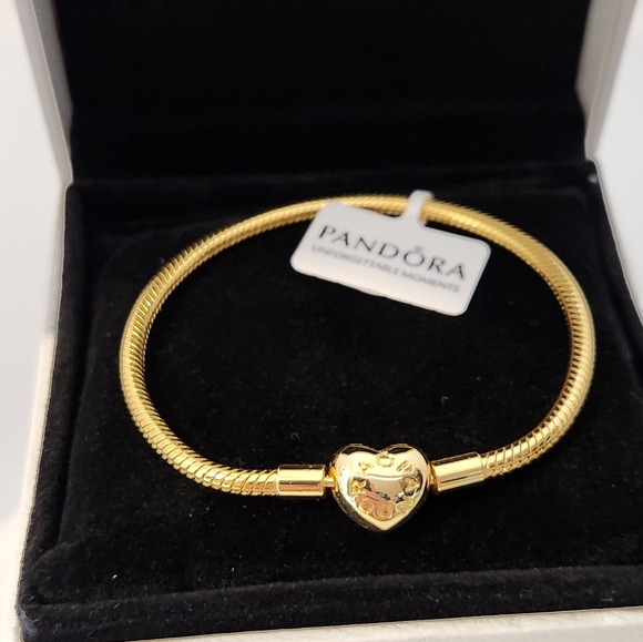 Pandora Moments 14k Golden Plated Heart Claps Snake Chain Bracelet Size 7.1 in - Picture 4 of 5